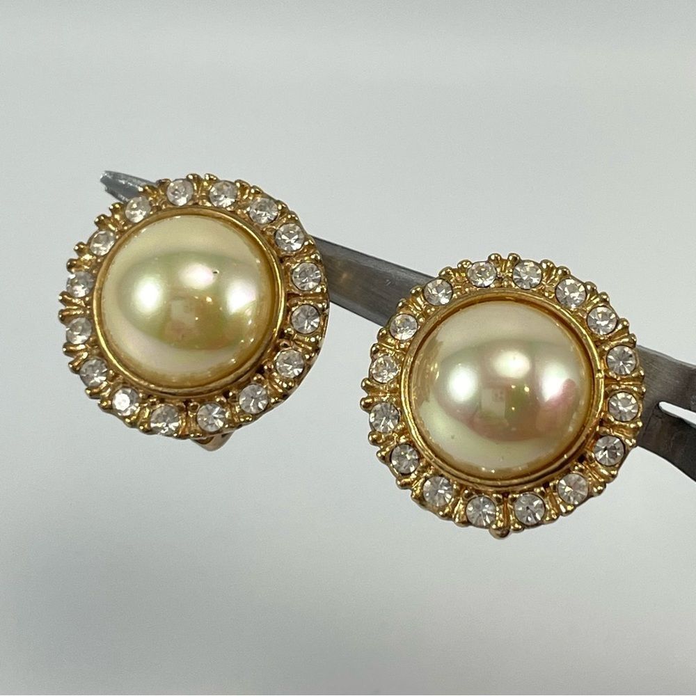 Gorgeous Vintage Rhinestone Faux Pearl Clip Earrings, Roman Brand Bridal Evening